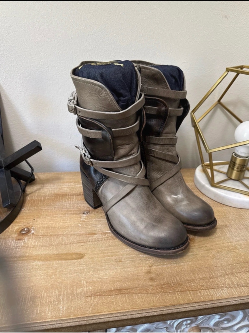 Freebird by Steven Gray Leather Strap Block-Heel Ankle Boots